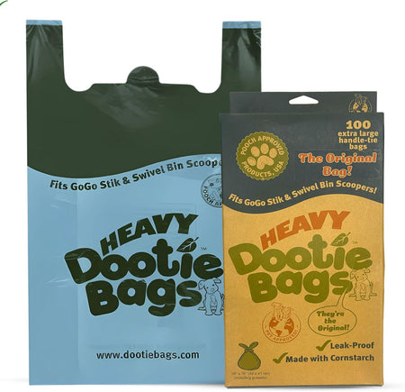 HEAVY Dootie Bags® VERY LARGE Dog and Cat Waste Poop Bags. 100 Count Strong Multi-Use, Leakproof with EZ Tie Handles and Gussets. Made with Corn Starch. Fits and Swivel Bin Pooper Scoopers.
