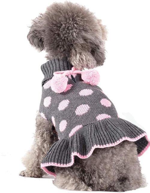 Load image into Gallery viewer, Dog Sweater Dress Turtleneck Polka Dot Dog Sweaters with Leash Hole Knitwear Warm Pet Sweater with Pom Pom Ball

