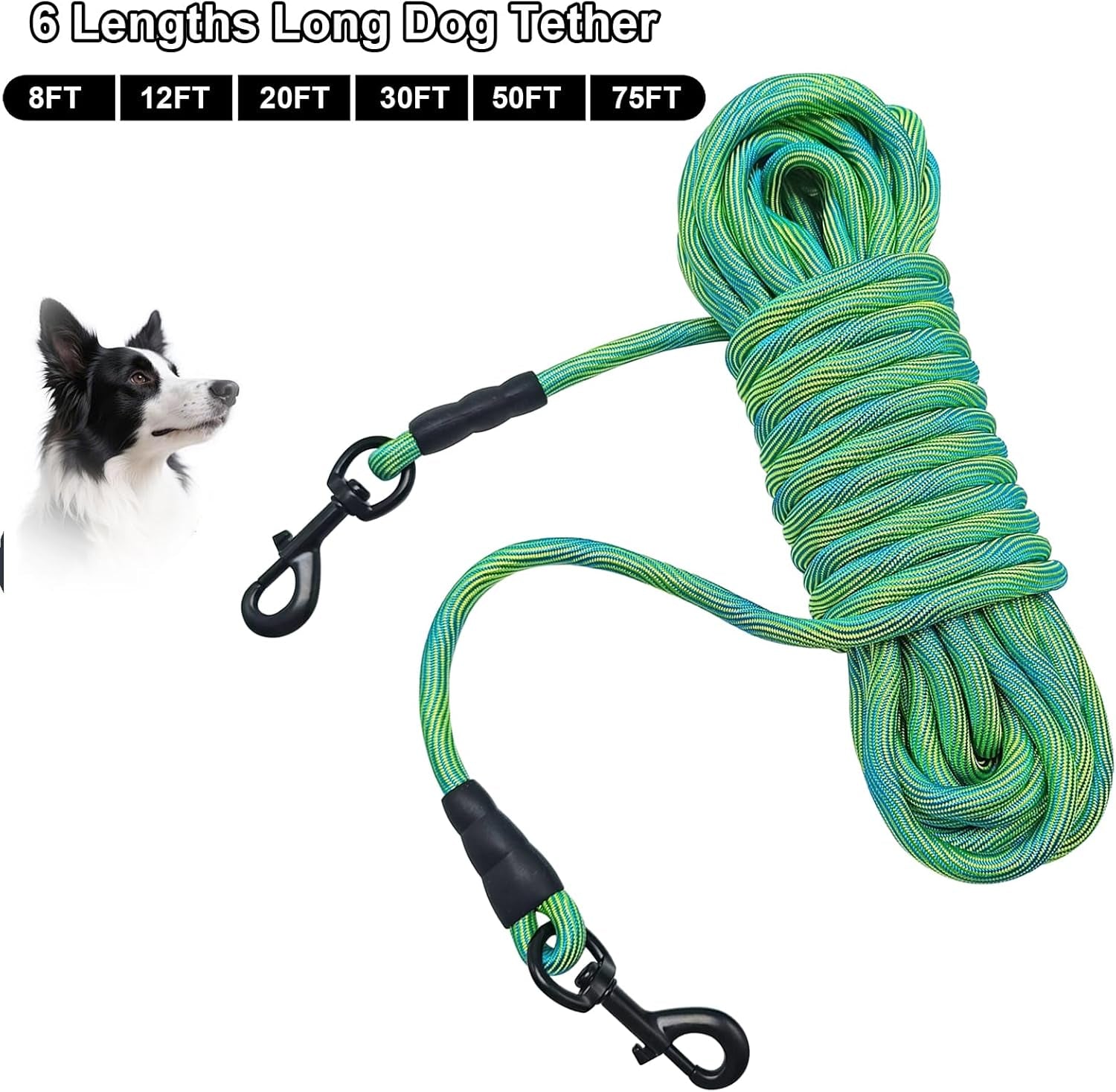 8Ft/12Ft/20Ft/30Ft/50Ft/75Ft Dog Tie-Out Long Tether Rope Dog Leash, Outdoor Dog Yard Leash- Large Medium Small Dogs Training, Playing, Camping,Backyard