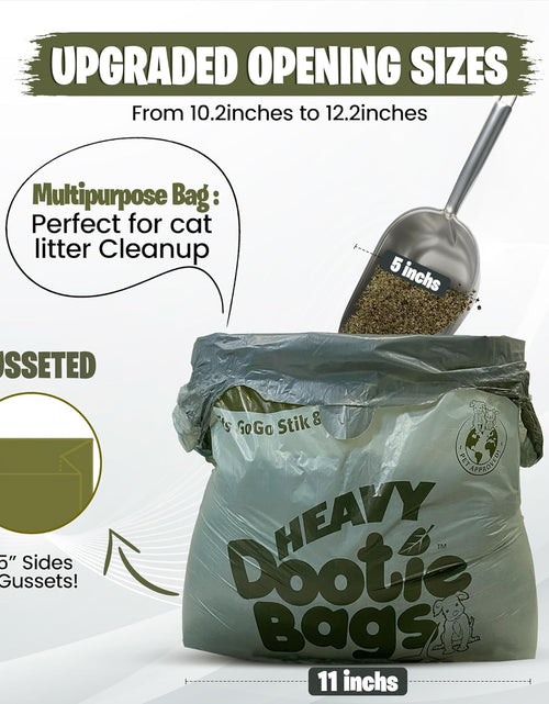 Load image into Gallery viewer, HEAVY Dootie Bags® VERY LARGE Dog and Cat Waste Poop Bags. 100 Count Strong Multi-Use, Leakproof with EZ Tie Handles and Gussets. Made with Corn Starch. Fits  and Swivel Bin Pooper Scoopers.
