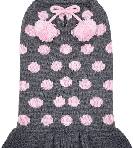 Dog Sweater Dress Turtleneck Polka Dot Dog Sweaters with Leash Hole Knitwear Warm Pet Sweater with Pom Pom Ball