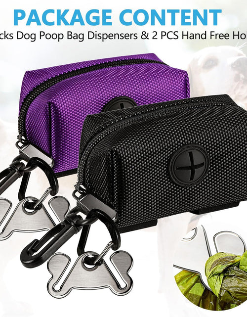 Load image into Gallery viewer, 2 Pack Dog Poop Bag Holder for Leash Attachment - Waste Bag Dispenser for Leash - Fits Any Dog Leash - Portable Set with 1 Hand Free Holder Metal Carrier - Black&amp;Purple
