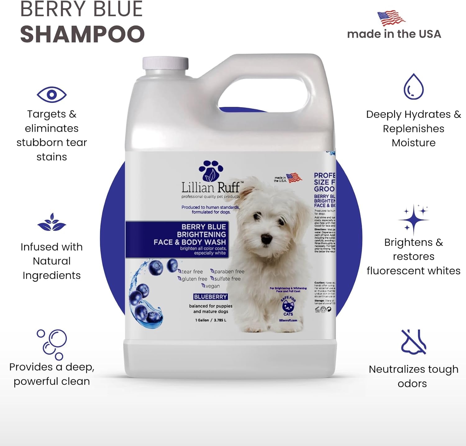 Berry Blue Brightening Face and Body Wash for Dogs - Blueberry Shampoo - Remove Tear Stains, Hydrate Dry Itchy Skin, Add Shine & Luster to Coats (Berry Blue Shampoo Gallon/Pump)