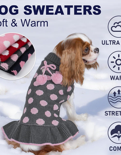 Load image into Gallery viewer, Dog Sweater Dress Turtleneck Polka Dot Dog Sweaters with Leash Hole Knitwear Warm Pet Sweater with Pom Pom Ball
